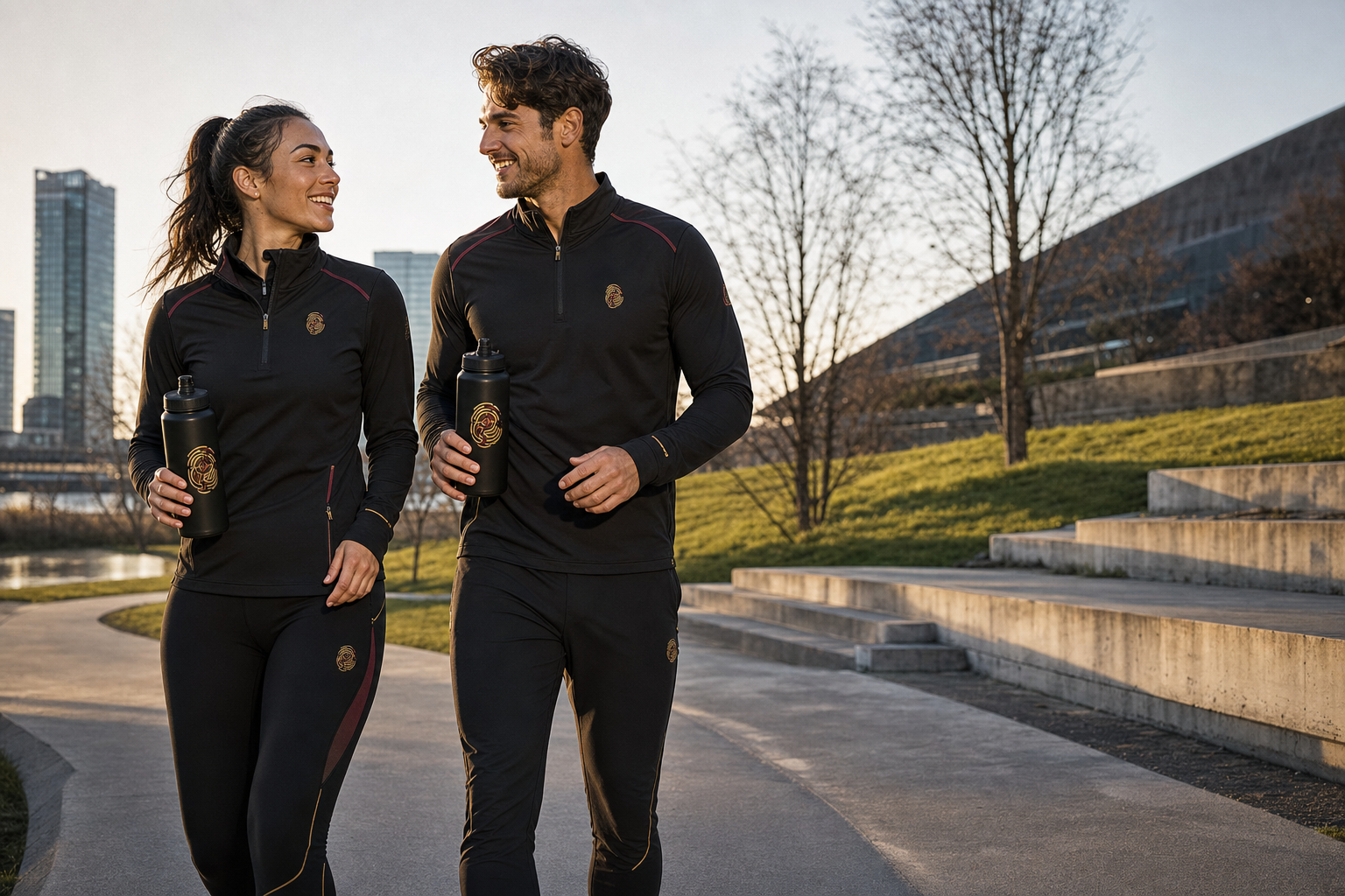Volwassen jonge vrouw en man tijdens een buitentraining in SPOORCODE sportkleding met logodrinkflessen